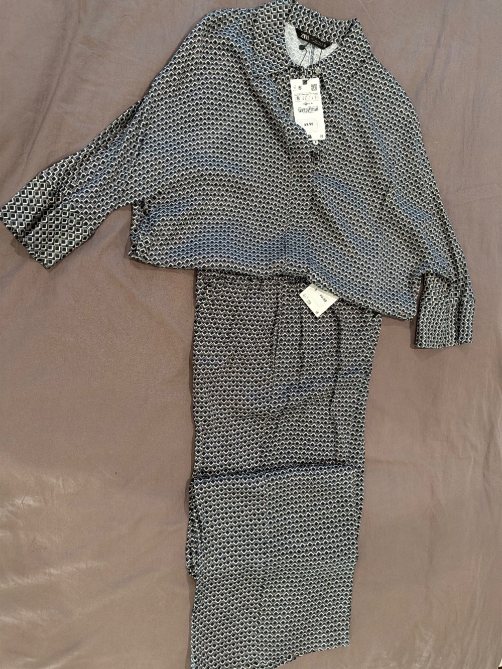 ZARA Navy Geometric Matching Set | Blouse & Wide Leg Pants | NWT